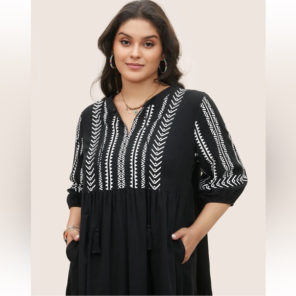 BloomChic Plus Size Geometric Bandana Print Knot Neck Tassel Trim Dress - Picture 3 of 7